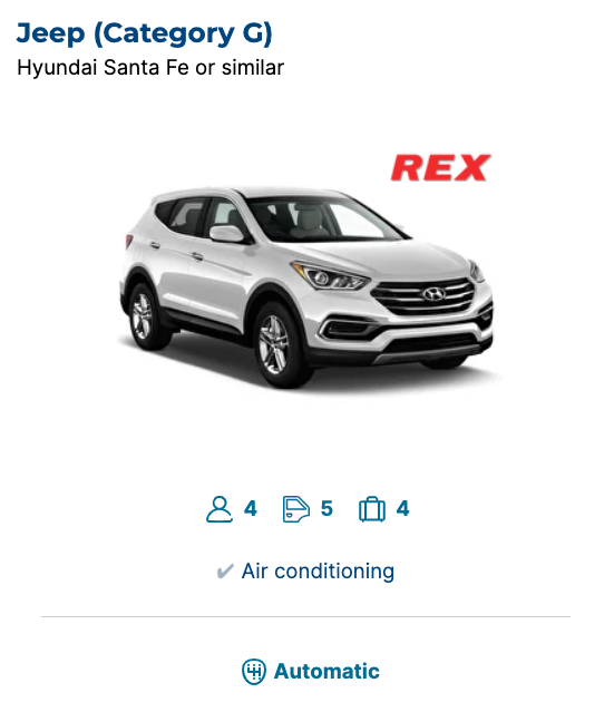 Jeep (Category G) – Hyundai Santa Fe or similar